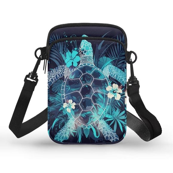 Tropical Turtle Flowers Travel Crossbody Bag Deep Blue Cell Phone Shoulder :D - Picture 1 of 7